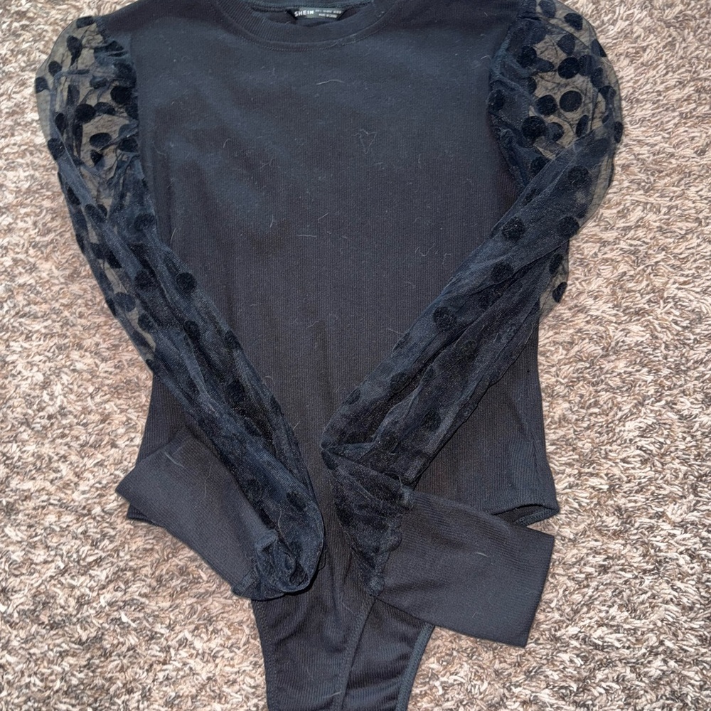 SHEIN Black Bodysuit with Mesh Polka Dot Sleeves